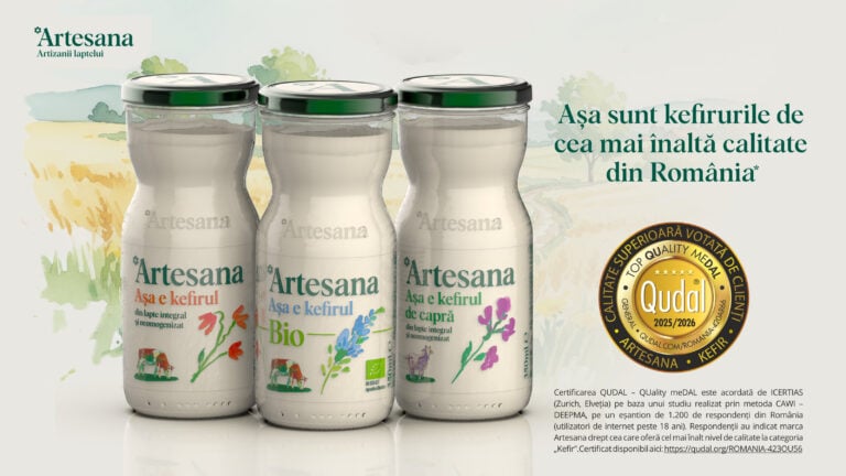 Kefirurile Artesana votate de români ca fiind numărul 1 la calitate – sticle de kefir și medalia QUDAL 2025/2026