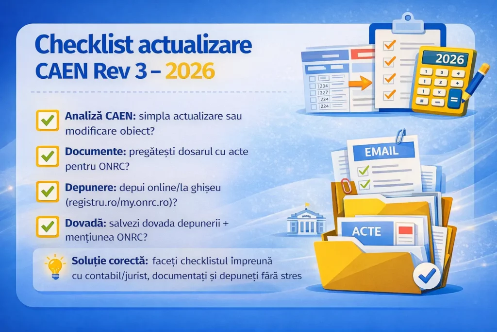 Checklist CAEN Rev. 3 2026 – pașii de actualizare la ONRC (documente și verificări)