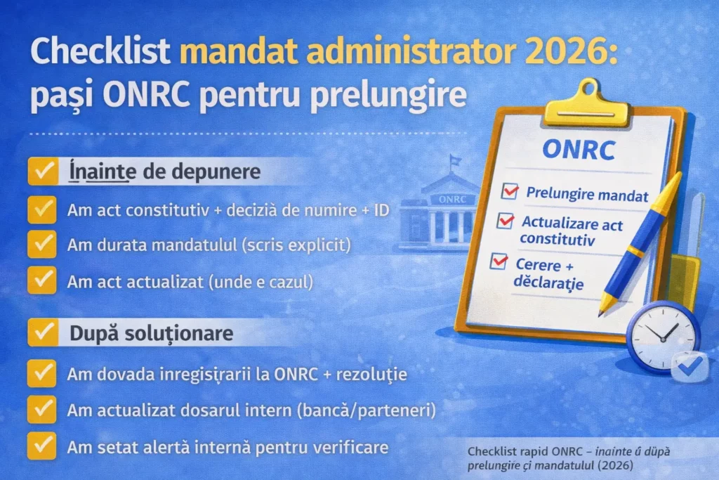 Mandat administrator 2026: regula celor 3 ani + cum prelungești corect la ONRC Checklist mandat administrator – pași ONRC pentru prelungire/regularizare