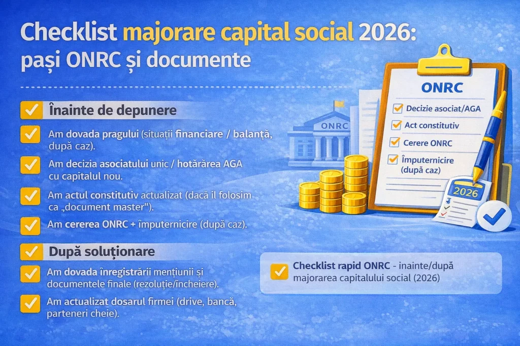 Checklist majorare capital social 2026 – pași ONRC și documente