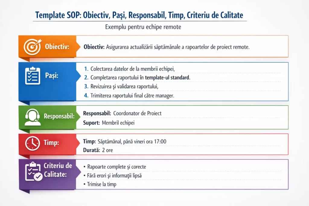 Template SOP: obiectiv, pași, responsabil, timp, criteriu de calitate – exemplu pentru echipe remote