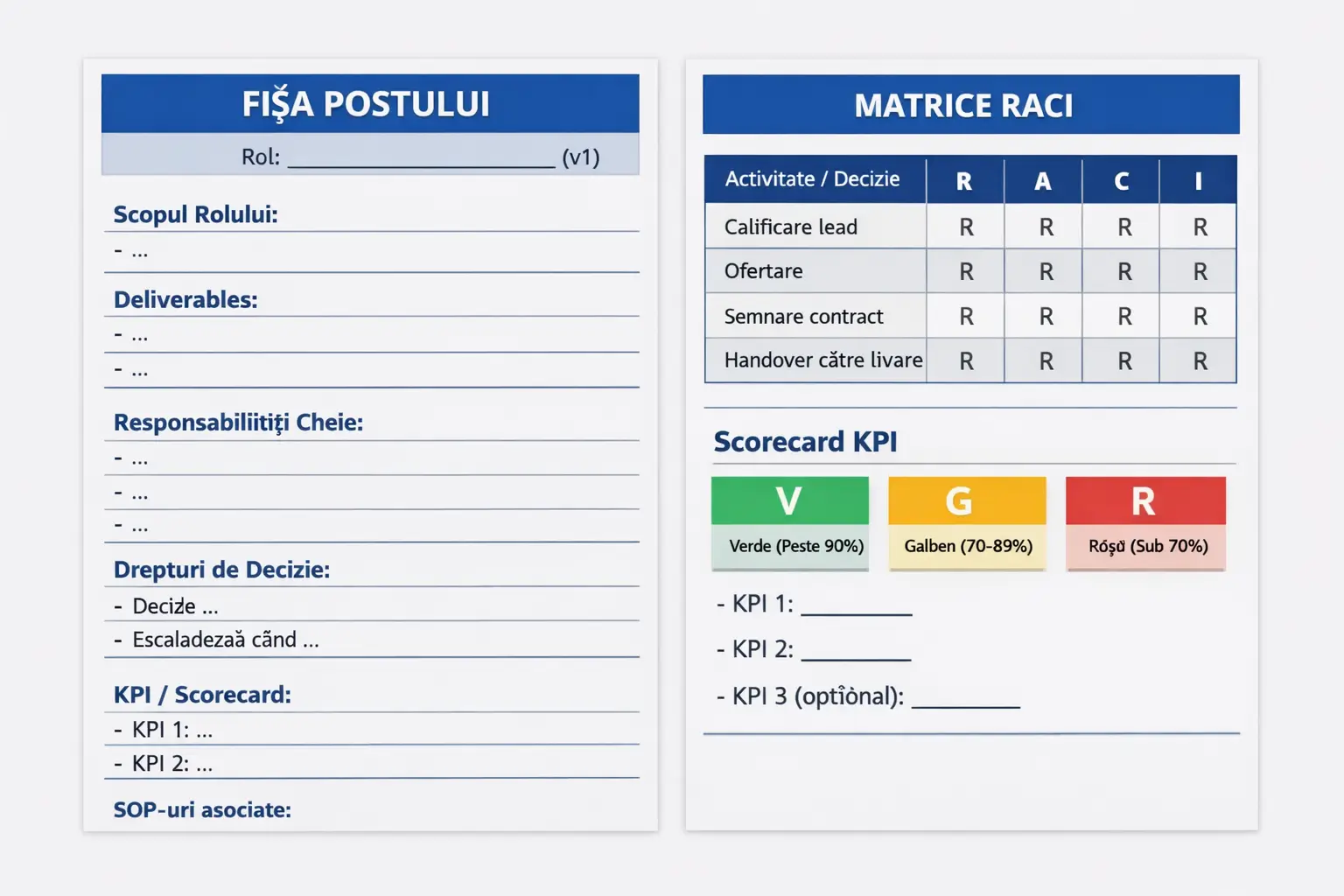 Template fisa postului cu matrice RACI si KPI pentru echipe in crestere