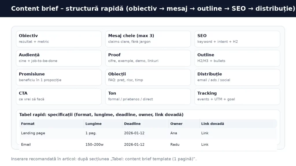 Content brief template – model copy/paste Content brief template – structura brief obiectiv mesaj outline SEO CTA distributie tracking si tabel specificatii