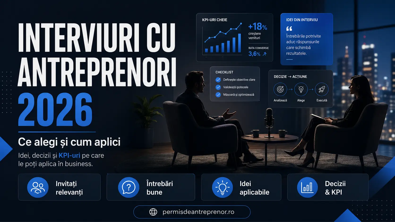 Interviuri cu antreprenori 2026 - Permis de Antreprenor, discutie 1-la-1 in studio despre idei, decizii si KPI aplicabile in business