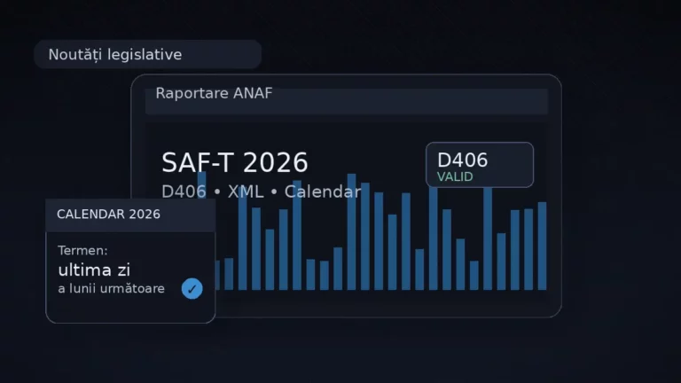 SAF-T 2026 și Declarația D406 pe ecran de laptop, cu calendar și fișier XML, pe fundal dark