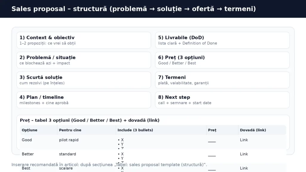 Sales proposal template – structura oferta cu livrabile DoD timeline pret 3 optiuni si next step