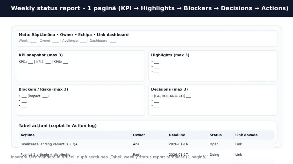 Weekly status report template – layout 1 pagina KPI highlights blockers risks decisions actions tabel actiuni owner deadline link dovada