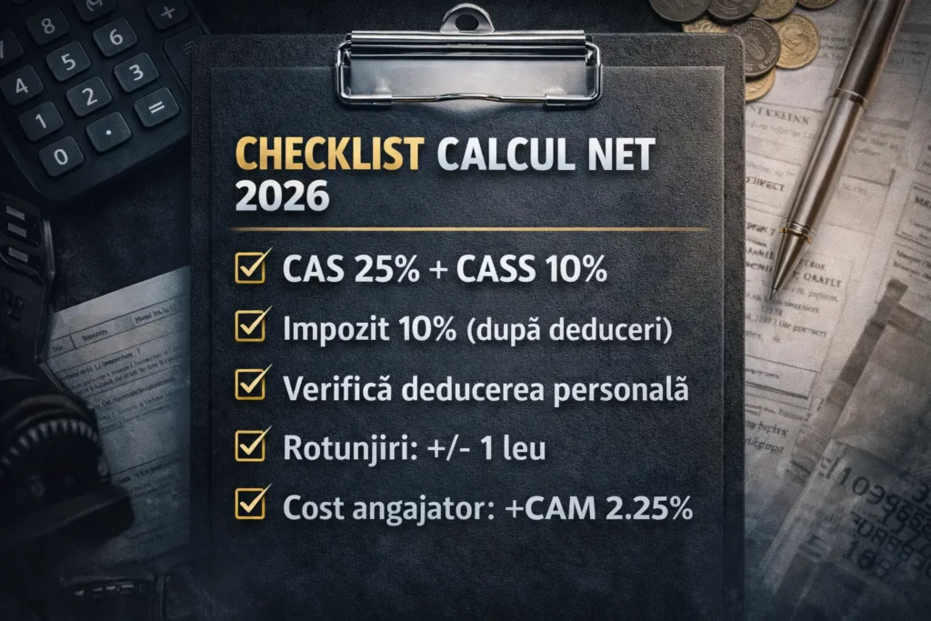 Checklist calculator salariu net 2026 – pași de calcul și verificări rapide