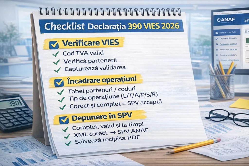 Checklist declaratia 390 VIES 2026: verificare cod TVA in VIES, incadrare operatiuni, depunere in SPV si recipisa