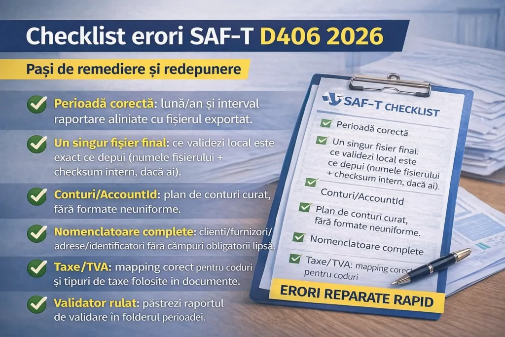 Erori SAF-T (D406) 2026: recipisă, validare ANAF și soluții rapide (cu exemple) Checklist erori SAF-T D406 2026 – pași de remediere și redepunere