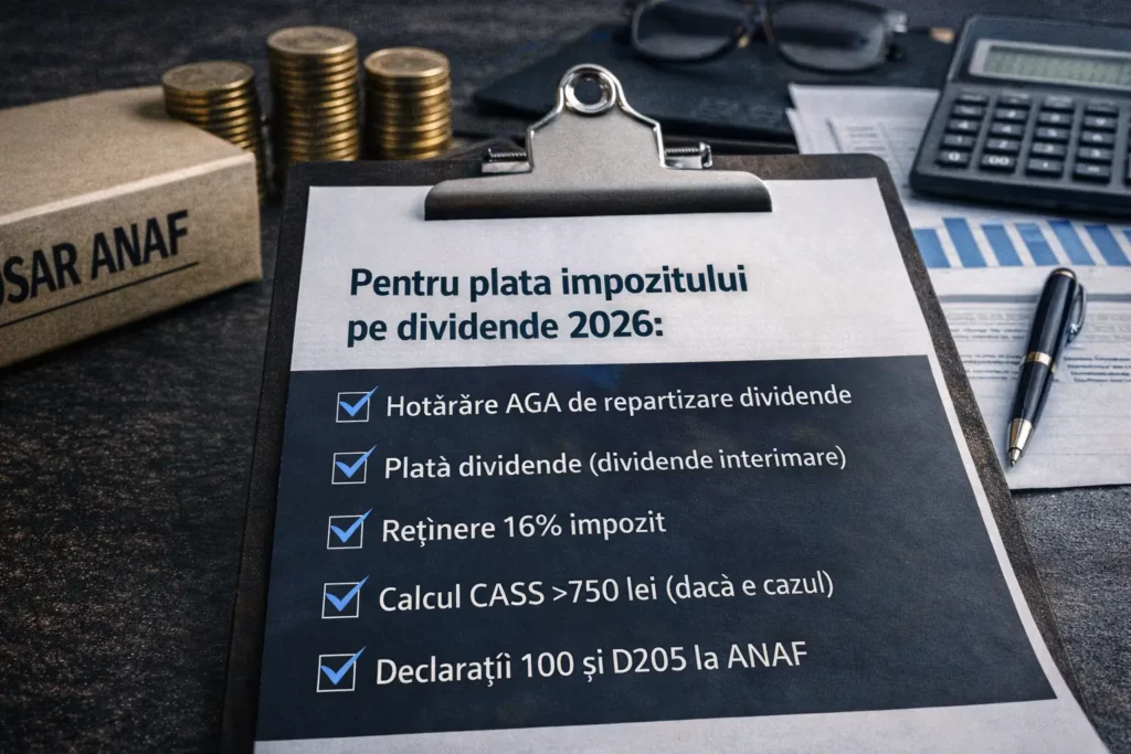 Checklist impozit pe dividende 2026: AGA → plată → 16% → CASS → D100/D205