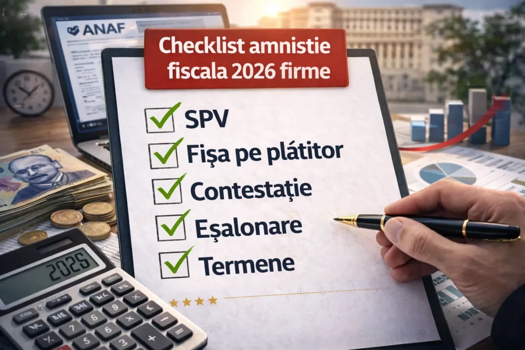 Amnistie fiscală 2026 pentru firme: ce se discută, cine poate fi vizat și ce faci acum Checklist amnistie fiscala 2026 firme: SPV, fisa pe platitor, contestatie, esalonare, termene