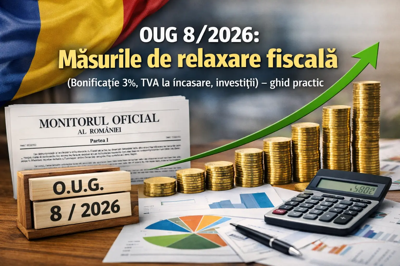 OUG 8/2026 – măsuri de relaxare fiscală: bonificație 3%, TVA la încasare și stimulente pentru investiții (ghid practic 2026)