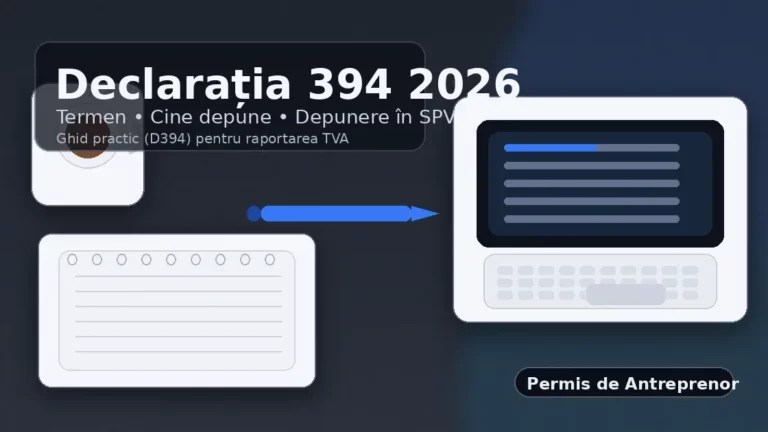 Declarația 394 2026 – ghid practic: termen, cine depune și depunere în SPV, ilustrat cu laptop, agendă și pix pe birou