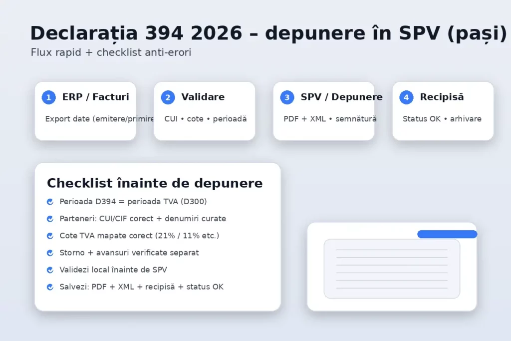 Declarația 394 2026 – pașii de depunere în SPV: ERP, validare, depunere, recipisă, cu checklist anti-erori.