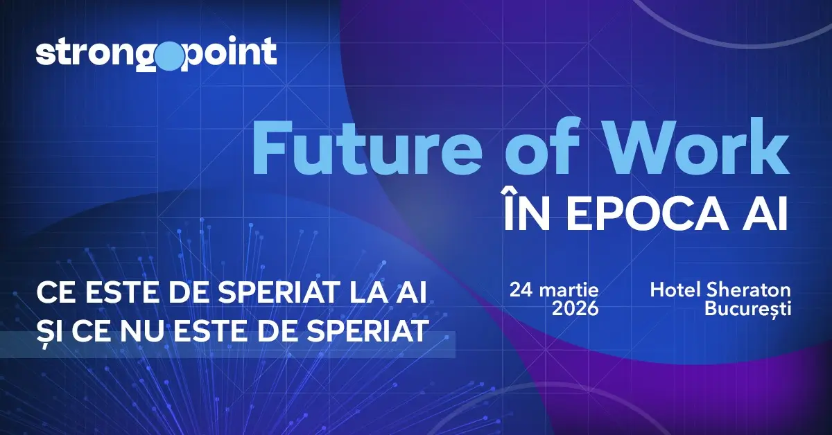 Afișul conferinței Future of Work în epoca AI, organizată la Sheraton București pe 24 martie