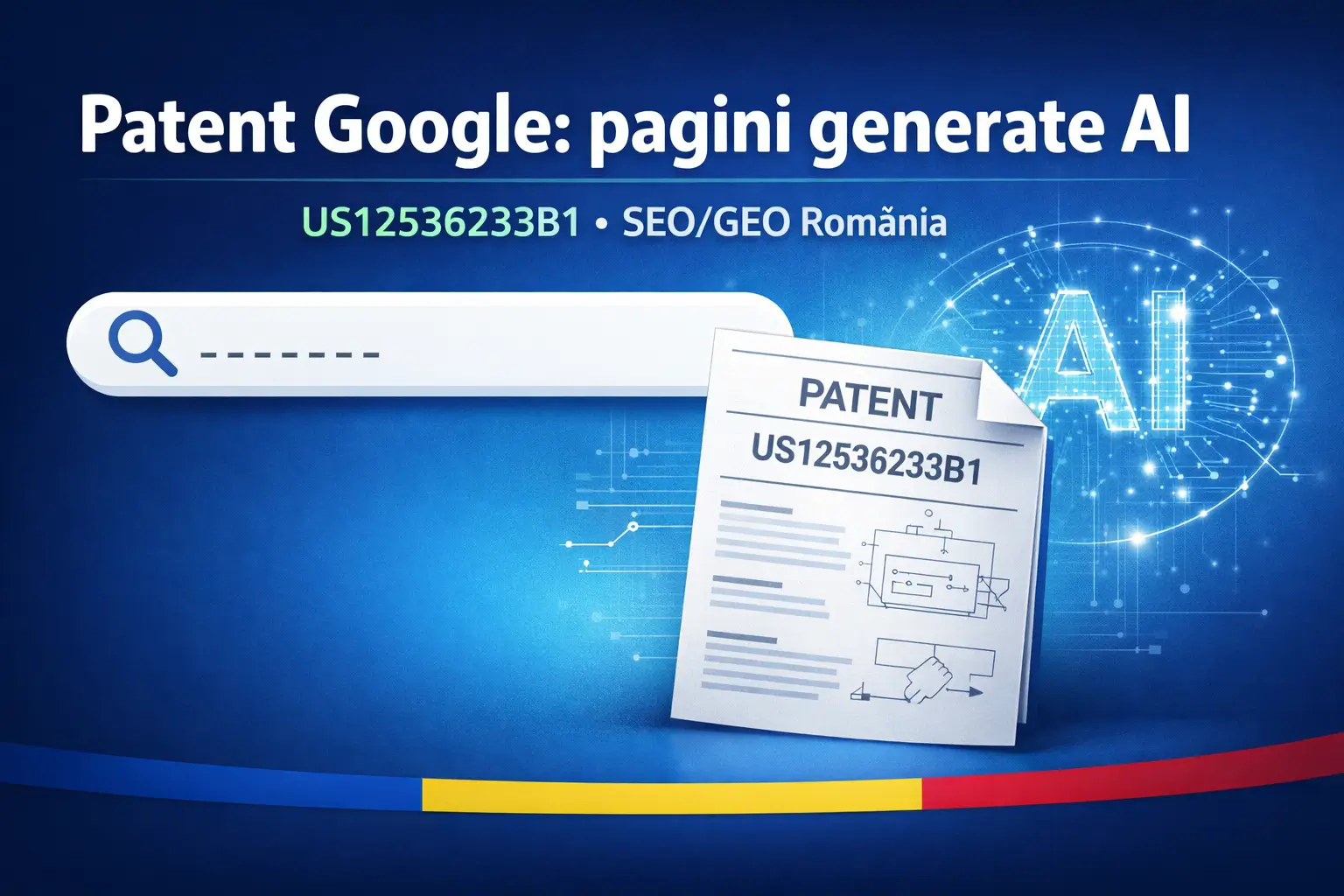 Patent Google pagini generate AI: ilustrație cu bară de căutare, document de tip patent și US12536233B1 (SEO/GEO România)