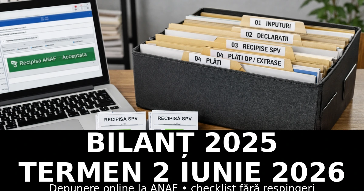 Bilanț 2025 termen 2 iunie 2026 – depunere online la ANAF, checklist fără respingeri și recipisă/confirmare