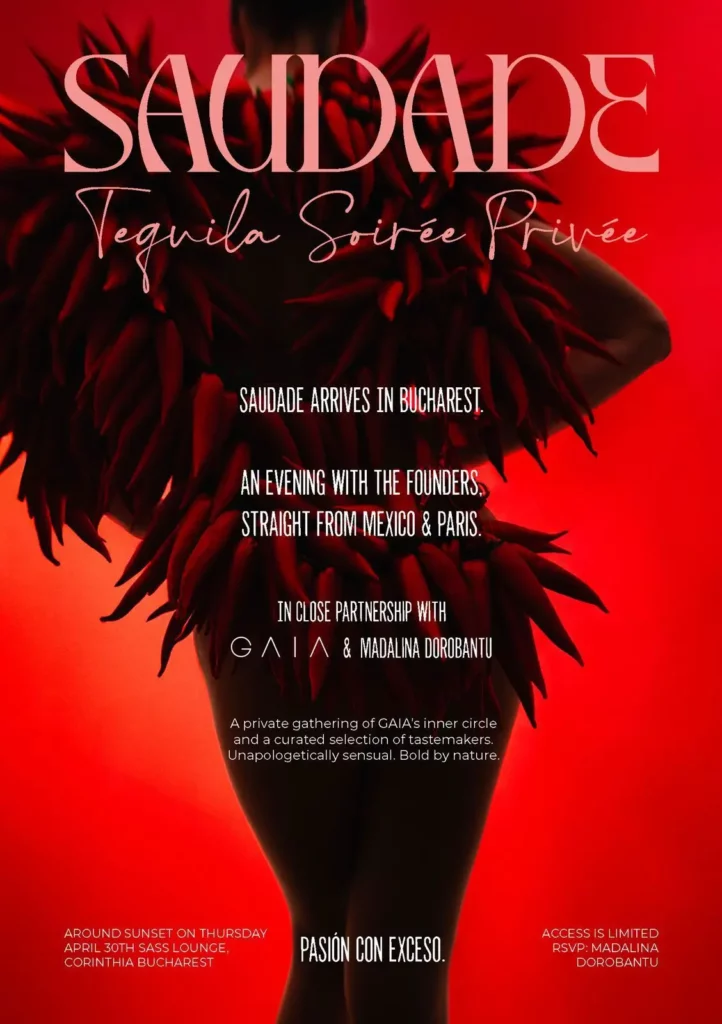 Invitația Saudade Tequila Soirée Privée pentru lansarea selectivă a brandului în București.