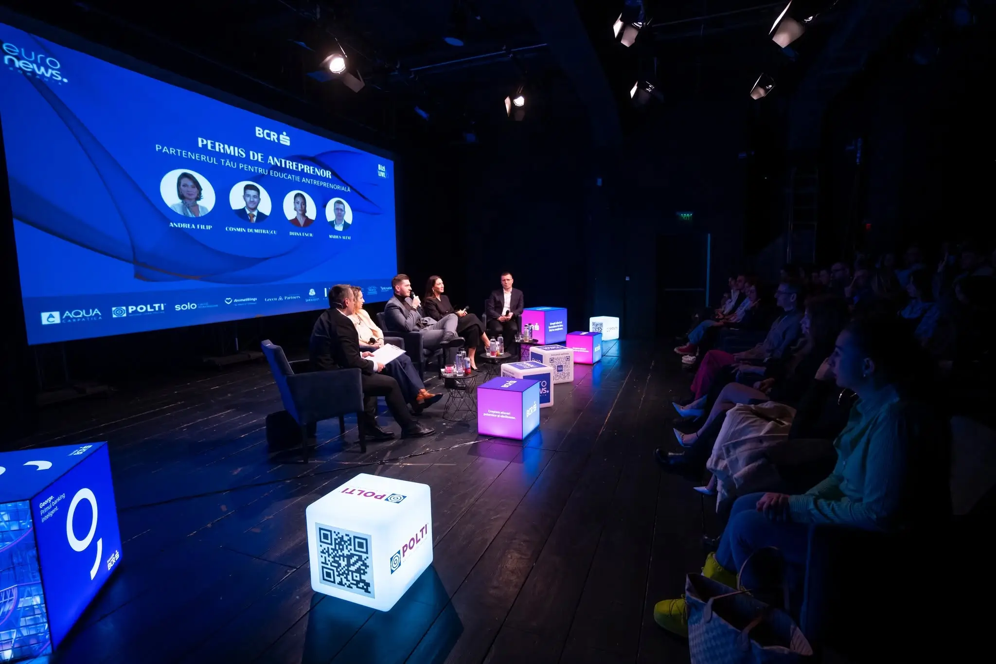 Constantin Paraschiv în dialog cu Andrea Filip, Cosmin Dumitrașcu, Diana Enciu și Marius Alexe, panel Permis de Antreprenor la Euronews România